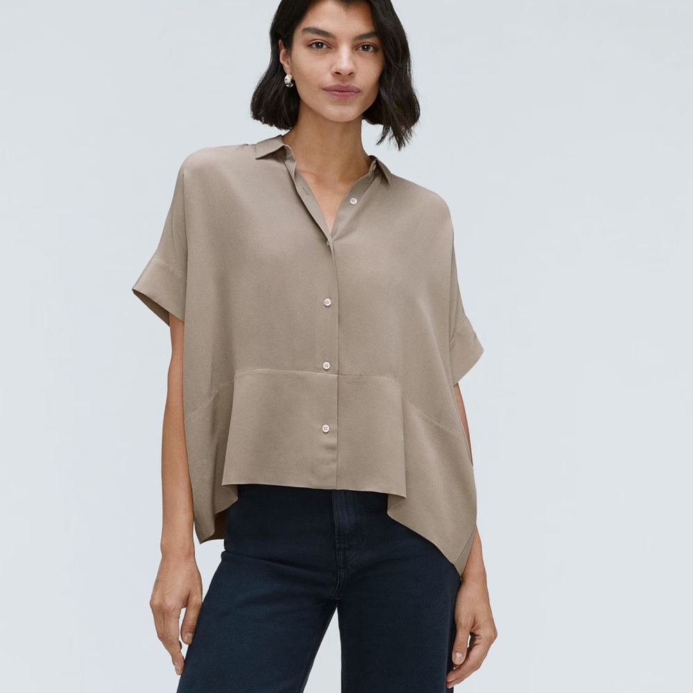 Everlane Tan Boxy Notched Collar Button Down silk Shirt